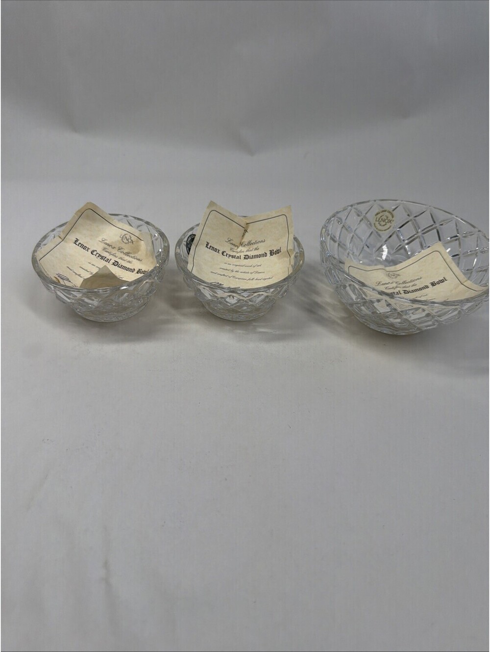 3-LENOX Fine Crystal Diamond  1-5" And 2-3 1/2” Round Bowls With Certs